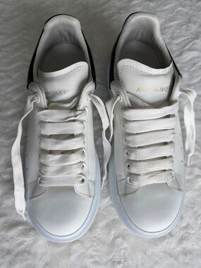 Authentic Alexander McQueen White Leather Sneakers with Black Heel Tab